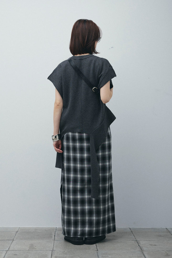 [予約/SET]アシンメトリーデザインニットベスト+チェックストレートスカート(2set)