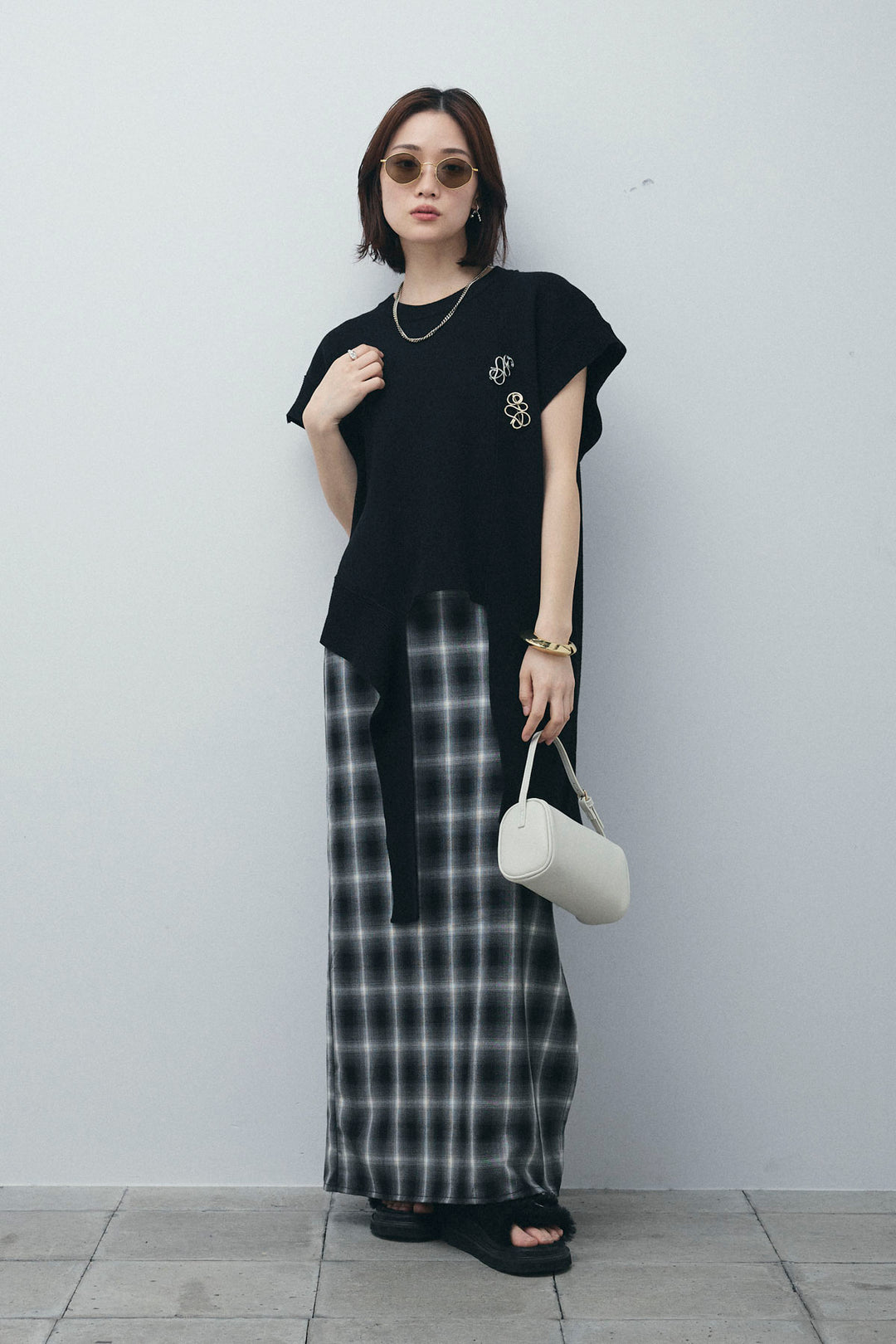 [予約/SET]アシンメトリーデザインニットベスト+チェックストレートスカート(2set)