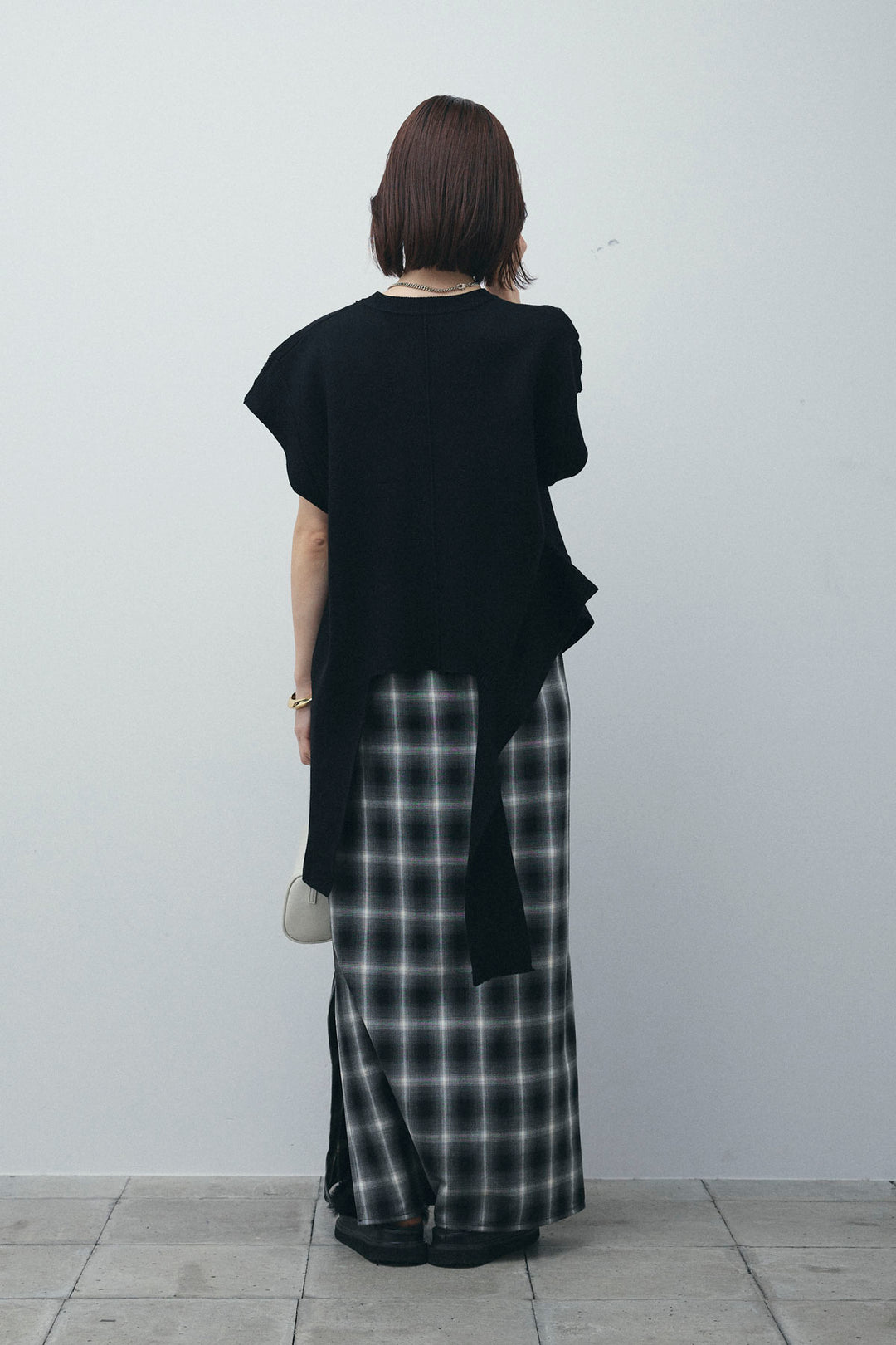 [予約/SET]アシンメトリーデザインニットベスト+チェックストレートスカート(2set)