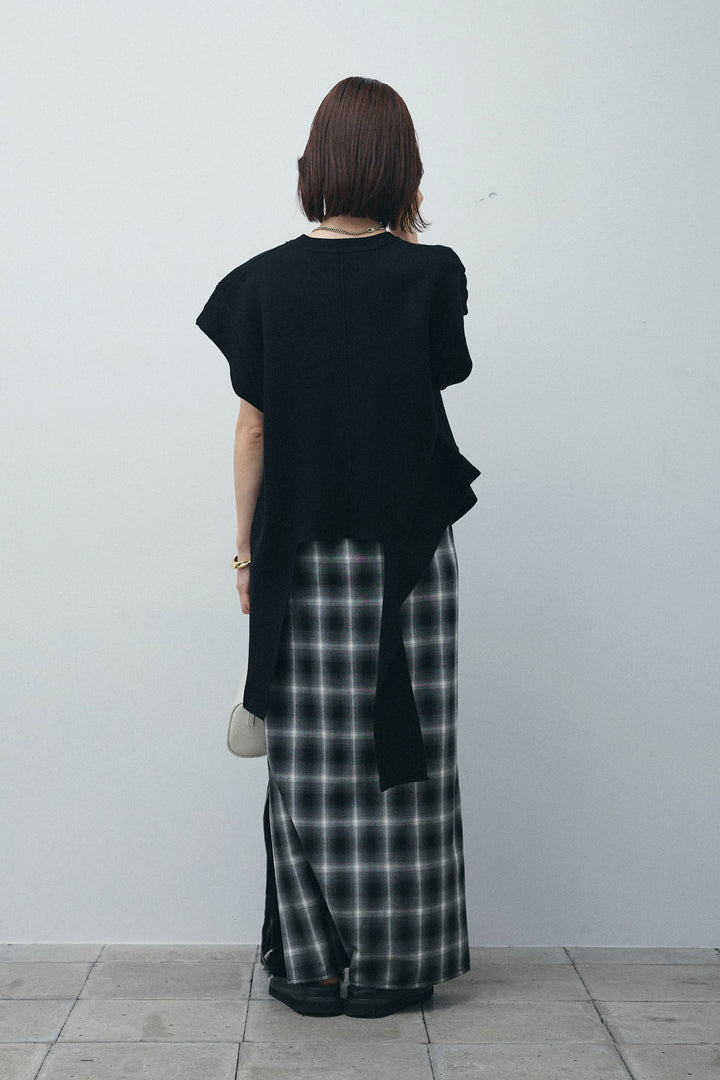 [予約/SET]アシンメトリーデザインニットベスト+チェックストレートスカート(2set)