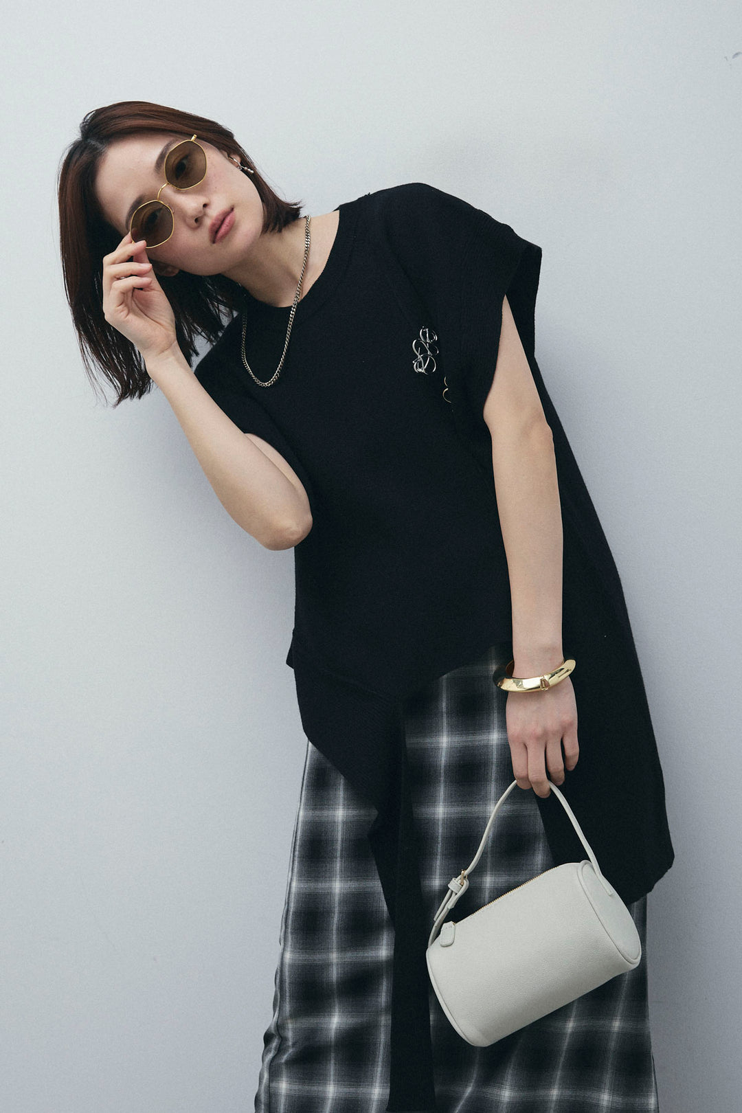 [予約/SET]アシンメトリーデザインニットベスト+チェックストレートスカート(2set)