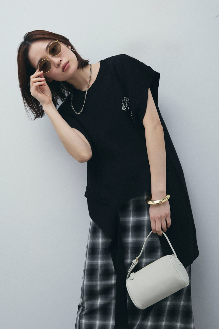 [予約/SET]アシンメトリーデザインニットベスト+チェックストレートスカート(2set)