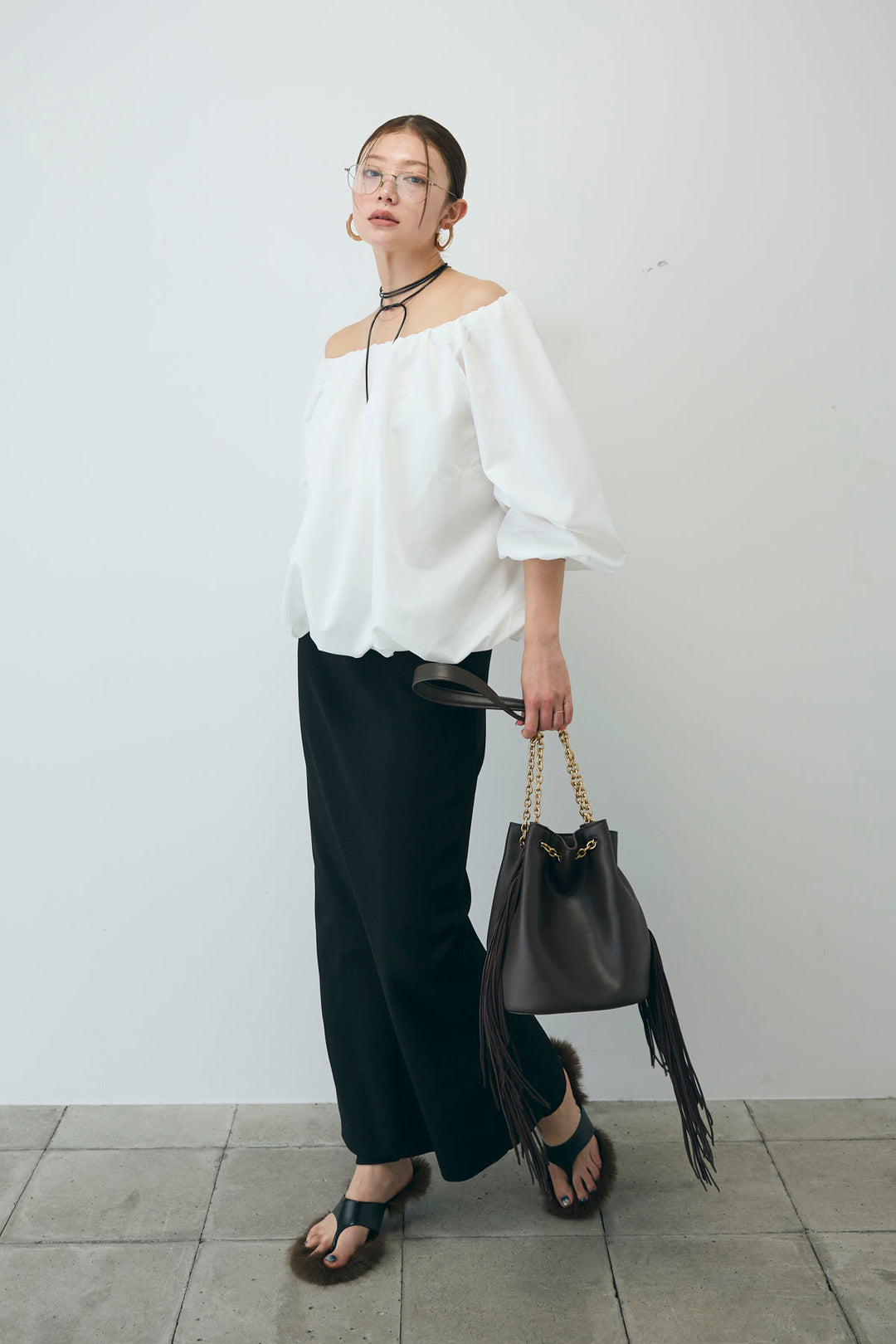 [予約/SET]オフショルバルーンブラウス+ダンボールニットスカート+スリットレギンス(3set)