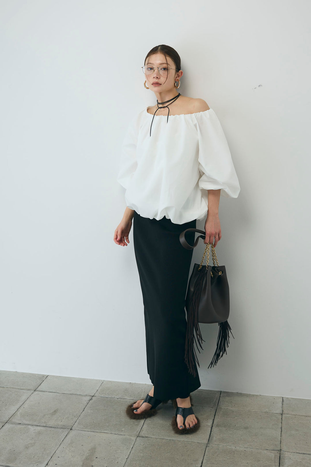 [予約/SET]オフショルバルーンブラウス+ダンボールニットスカート+スリットレギンス(3set)