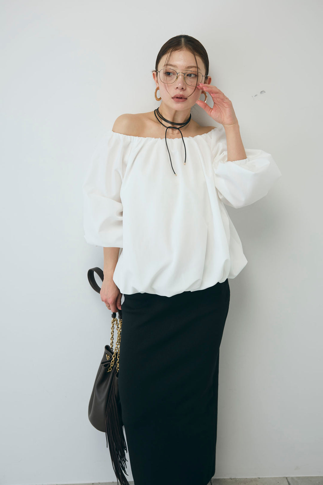 [予約/SET]オフショルバルーンブラウス+ダンボールニットスカート+スリットレギンス(3set)