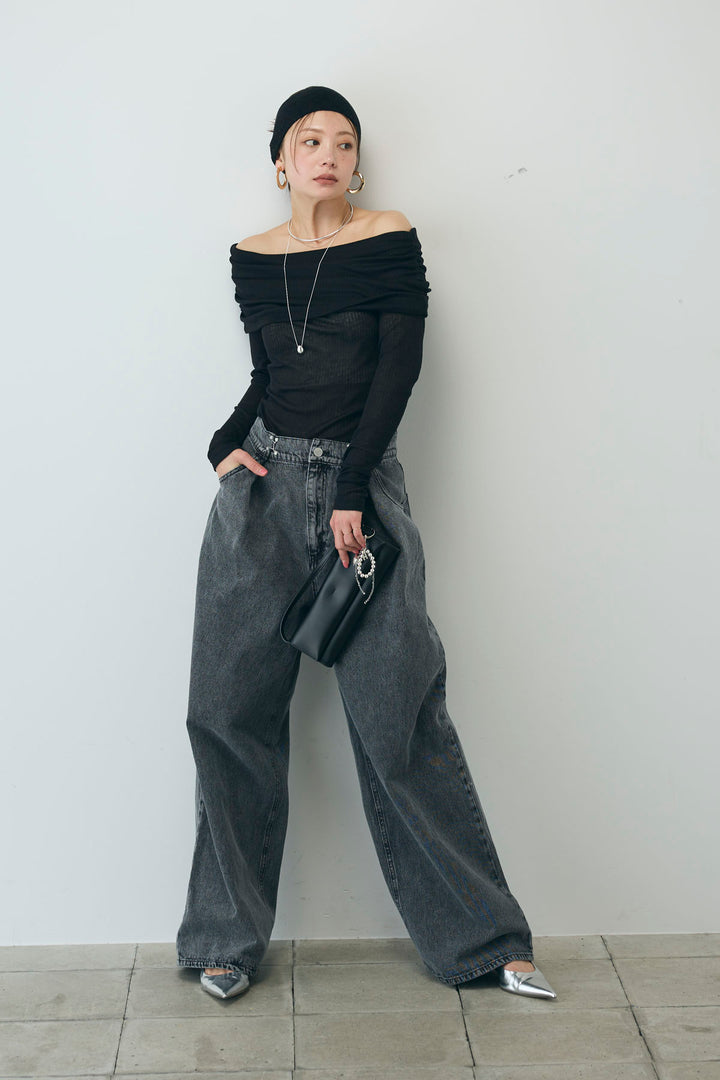 [予約/SET]シアーオフショルトップス+ウエストホックワイドデニム(2set)