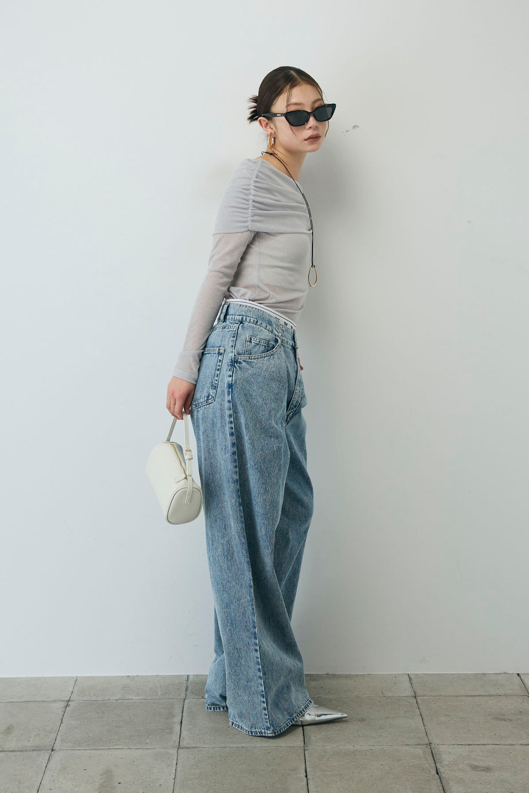 [予約/SET]シアーオフショルトップス+ウエストホックワイドデニム(2set)