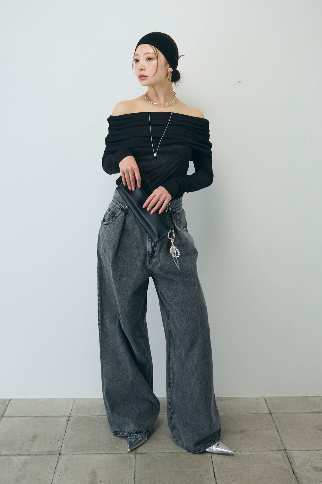 [予約/SET]シアーオフショルトップス+ウエストホックワイドデニム(2set)