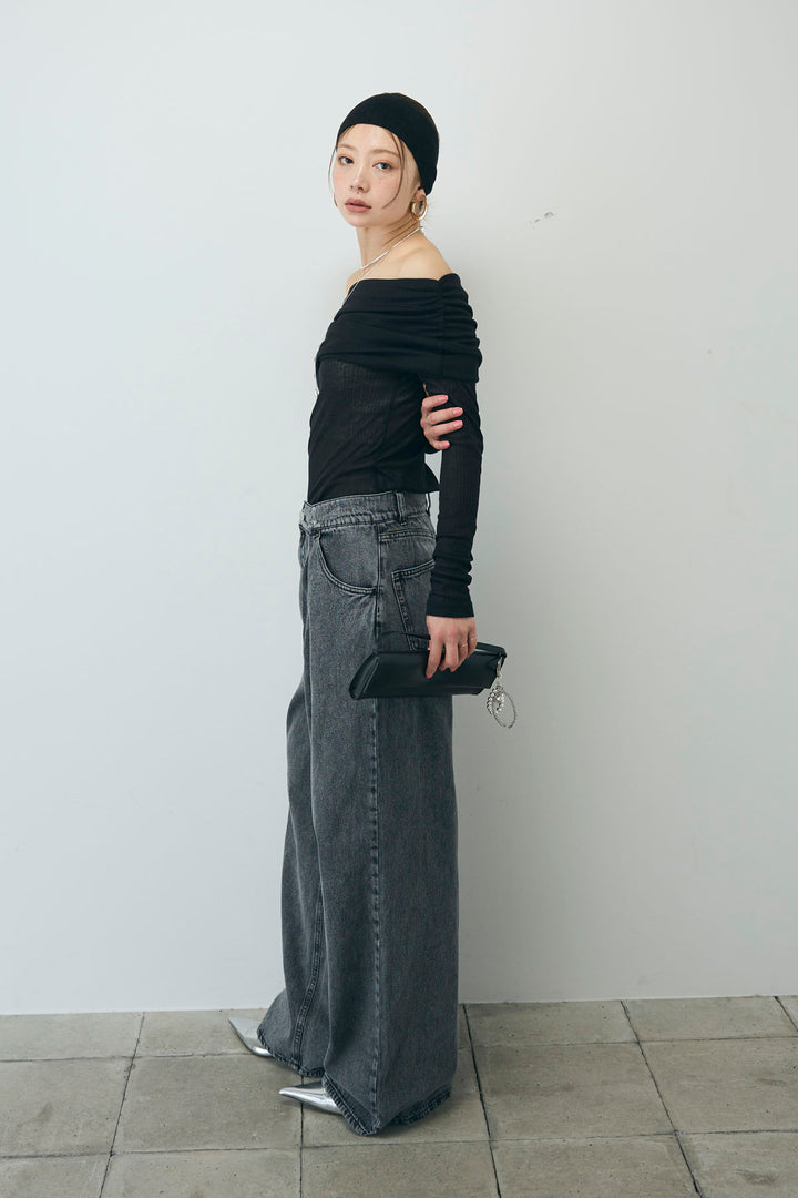 [予約/SET]シアーオフショルトップス+ウエストホックワイドデニム(2set)