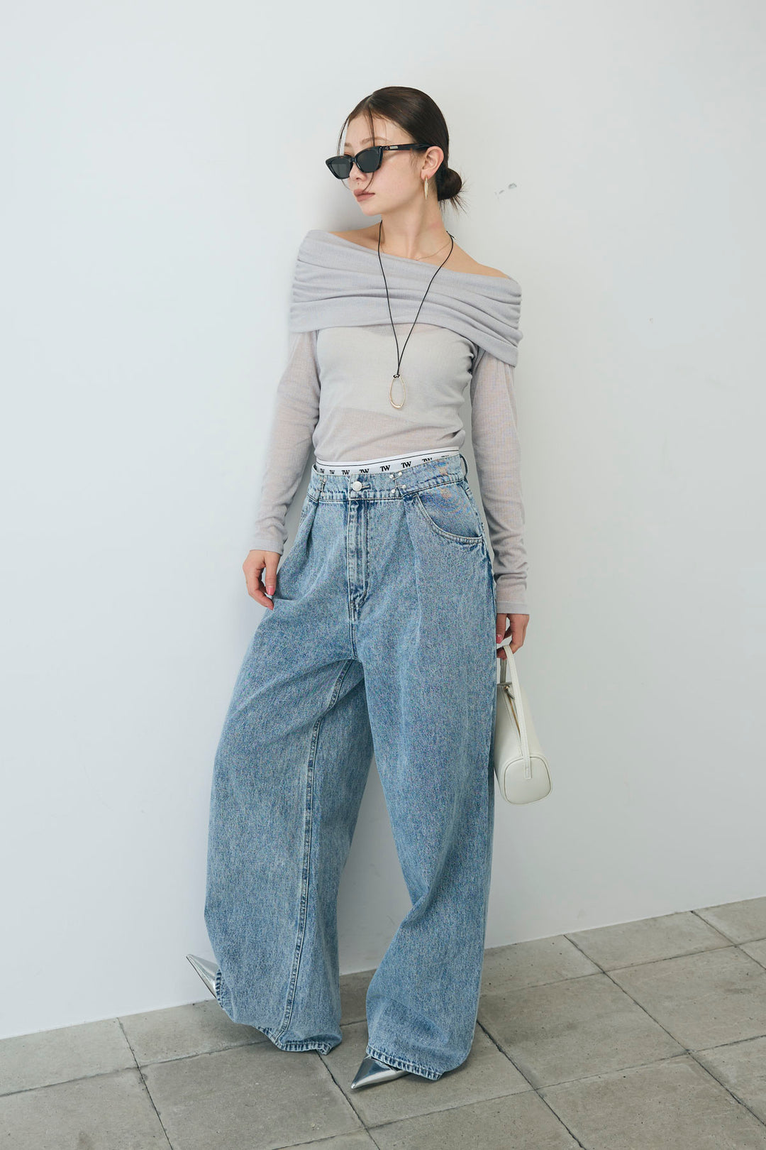 [予約/SET]シアーオフショルトップス+ウエストホックワイドデニム(2set)