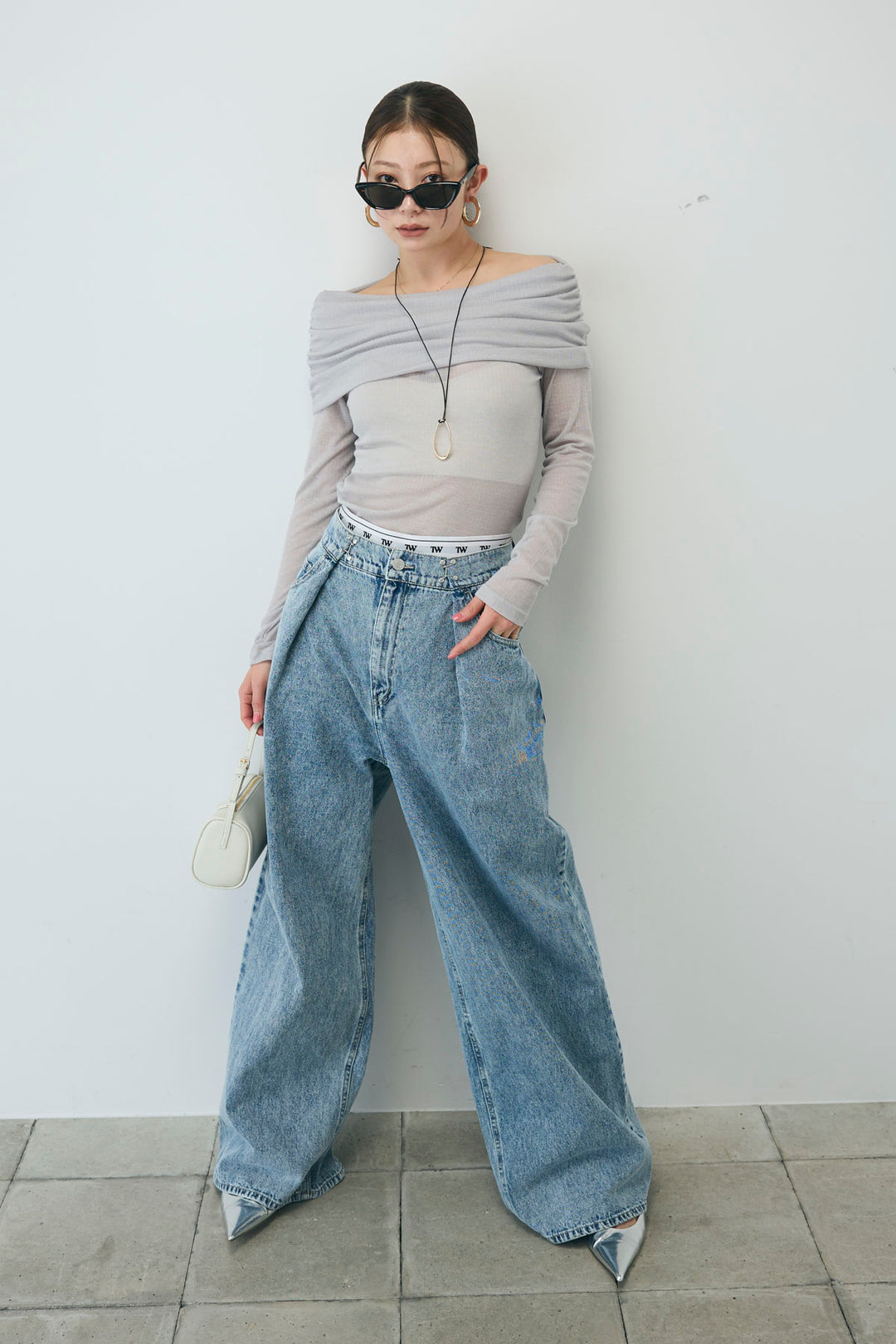 [予約/SET]シアーオフショルトップス+ウエストホックワイドデニム(2set)