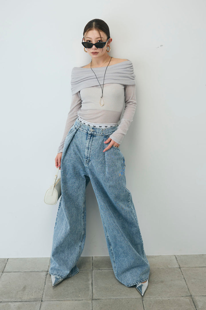 [予約/SET]シアーオフショルトップス+ウエストホックワイドデニム(2set)