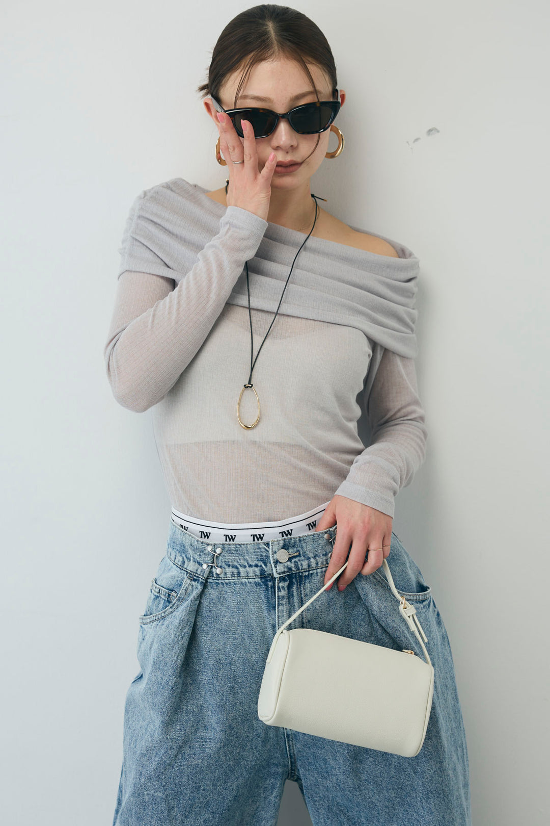 [予約/SET]シアーオフショルトップス+ウエストホックワイドデニム(2set)