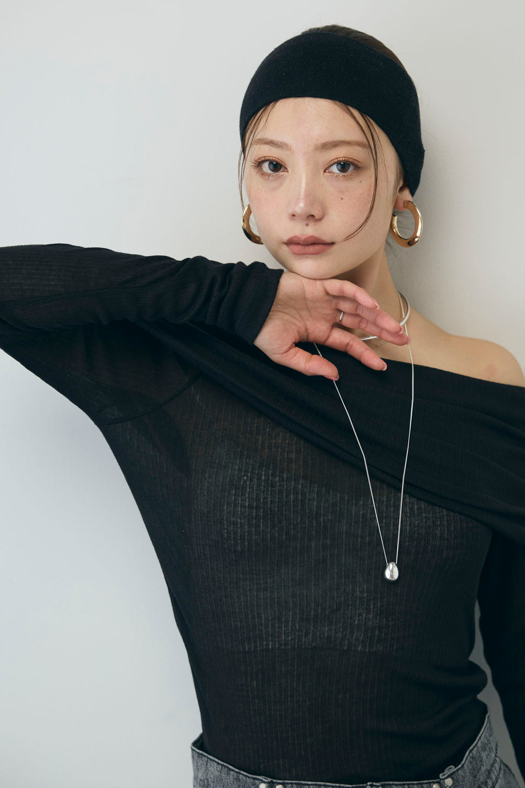 [予約/SET]シアーオフショルトップス+ウエストホックワイドデニム(2set)