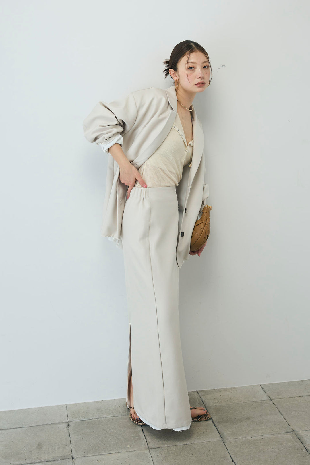 [予約/SET]ヘザーエステルテーラードジャケット+シアーテレコヘンリーネックPO+ヘザーエステルストレートスカート(3set)