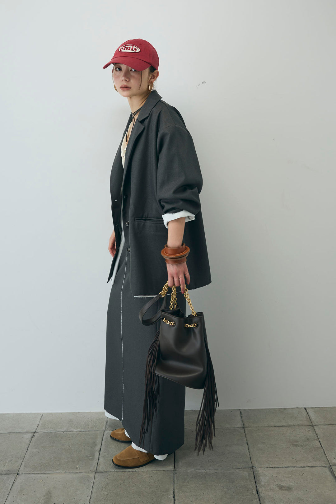 [予約/SET]ヘザーエステルテーラードジャケット+シアーテレコヘンリーネックPO+ヘザーエステルストレートスカート(3set)