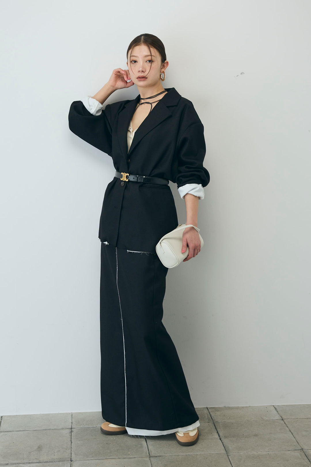 [予約/SET]ヘザーエステルテーラードジャケット+シアーテレコヘンリーネックPO+ヘザーエステルストレートスカート(3set)