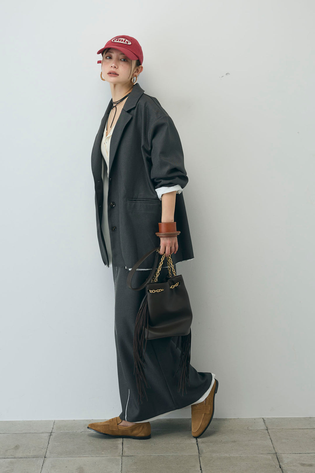 [予約/SET]ヘザーエステルテーラードジャケット+シアーテレコヘンリーネックPO+ヘザーエステルストレートスカート(3set)