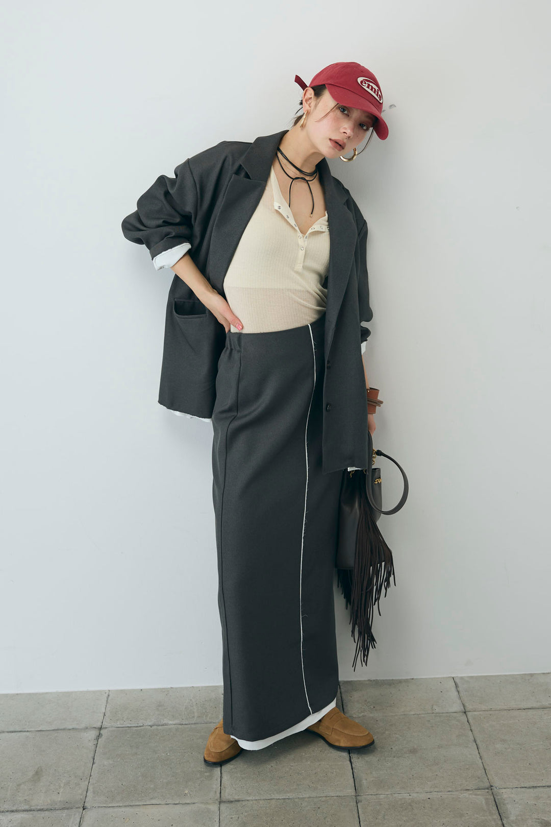 [予約/SET]ヘザーエステルテーラードジャケット+シアーテレコヘンリーネックPO+ヘザーエステルストレートスカート(3set)