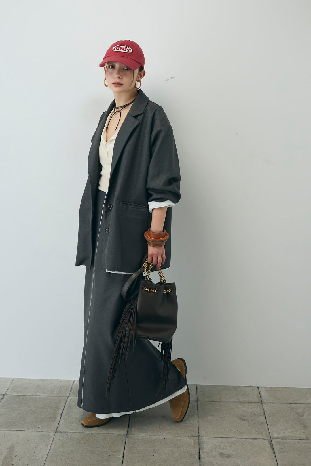 [予約/SET]ヘザーエステルテーラードジャケット+シアーテレコヘンリーネックPO+ヘザーエステルストレートスカート(3set)