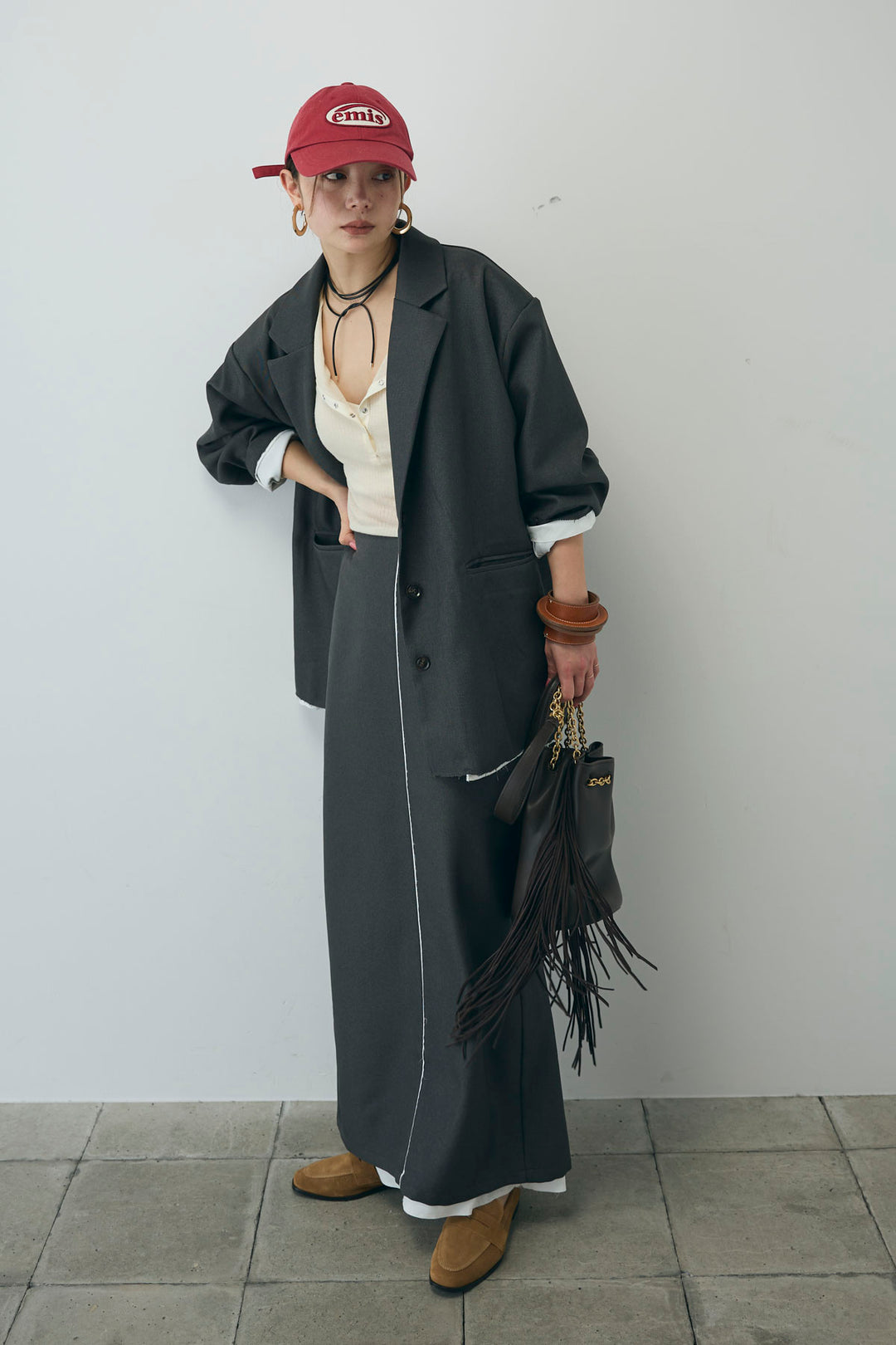 [予約/SET]ヘザーエステルテーラードジャケット+シアーテレコヘンリーネックPO+ヘザーエステルストレートスカート(3set)