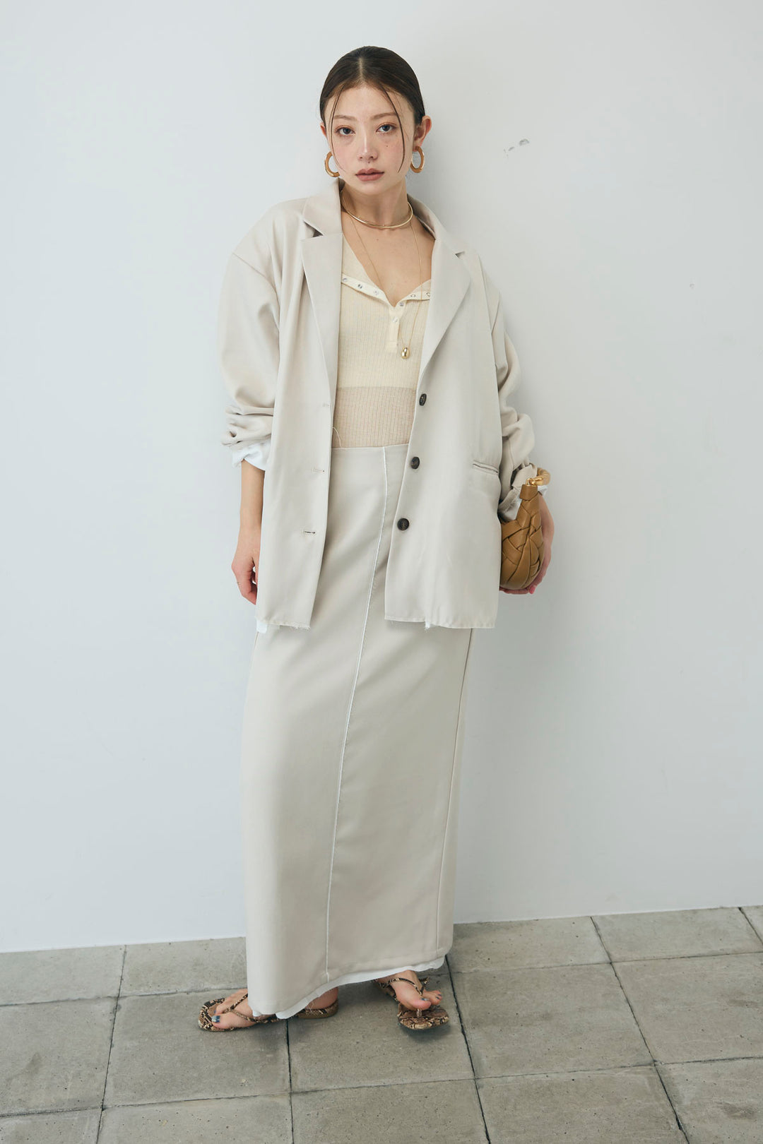 [予約/SET]ヘザーエステルテーラードジャケット+シアーテレコヘンリーネックPO+ヘザーエステルストレートスカート(3set)