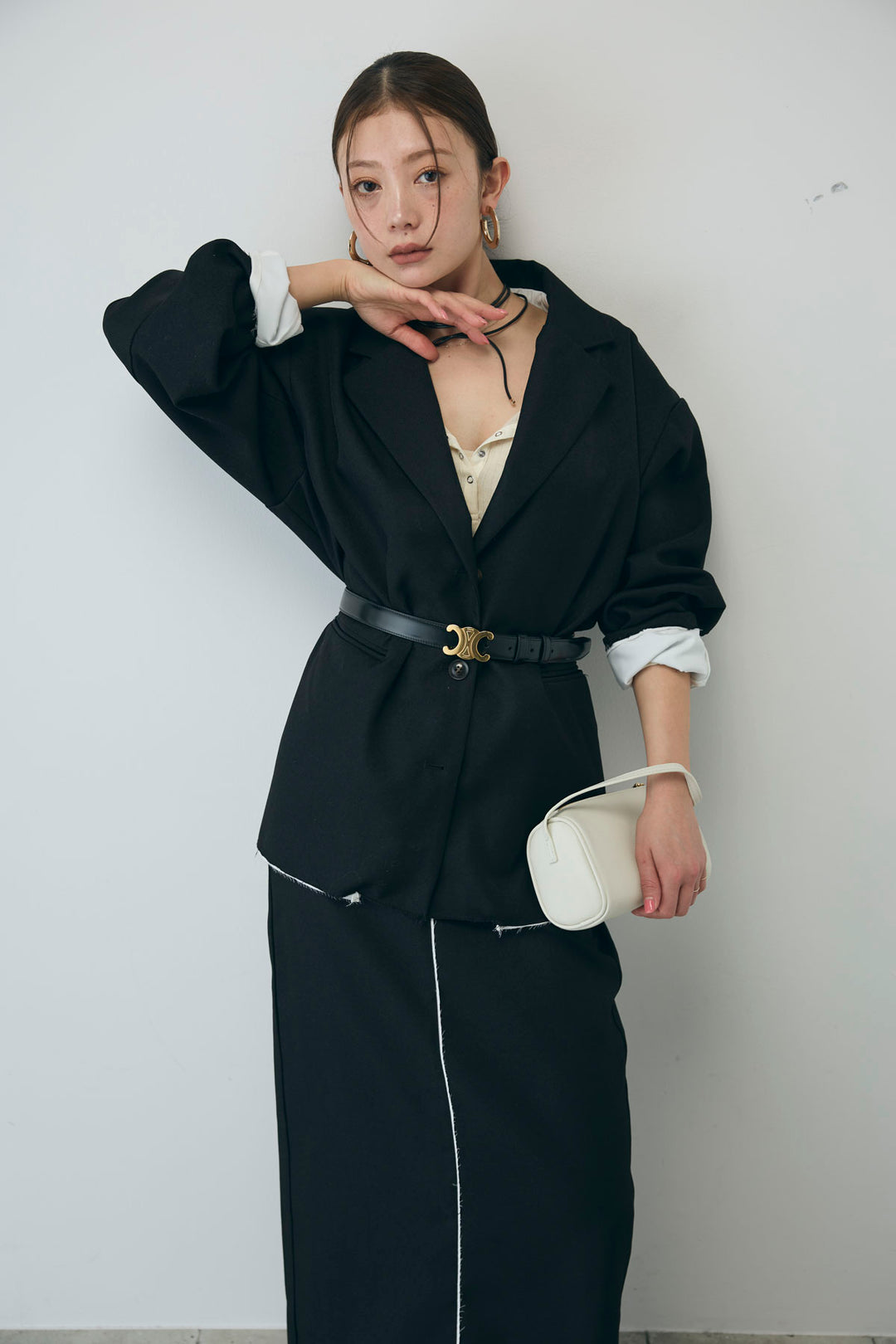 [予約/SET]ヘザーエステルテーラードジャケット+シアーテレコヘンリーネックPO+ヘザーエステルストレートスカート(3set)