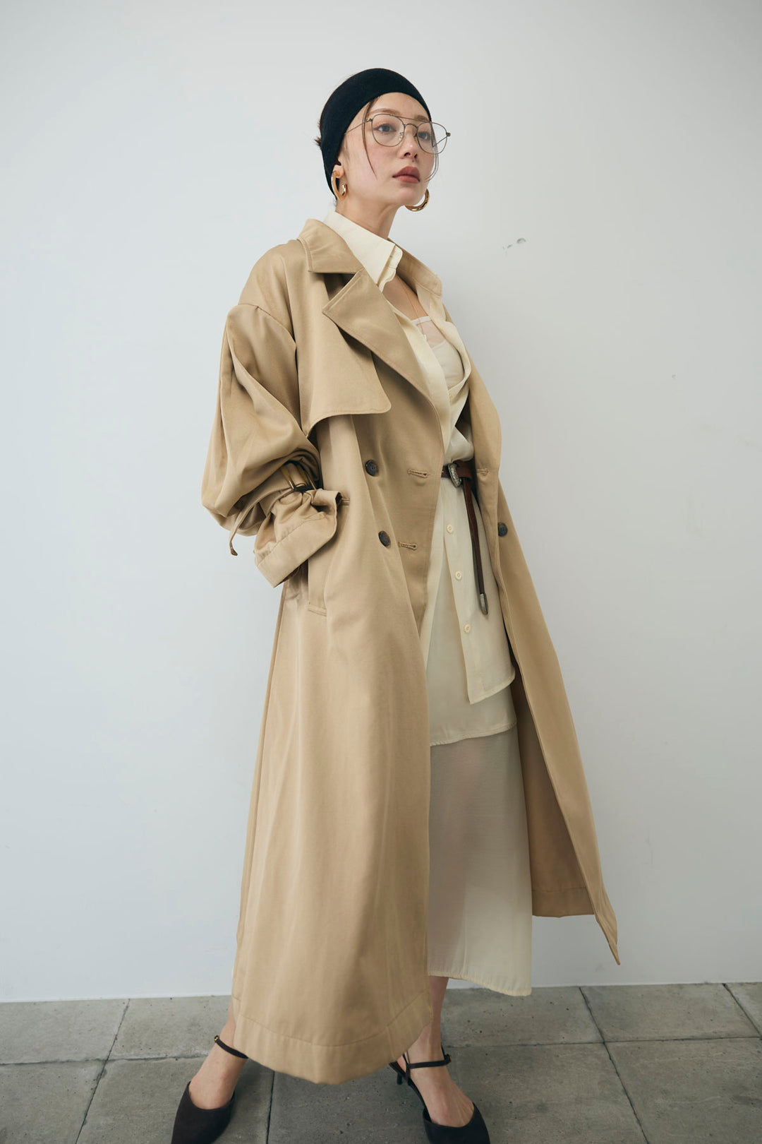[予約/SET]ボリュームスリーブトレンチコート+シアーセットアップ(2set)