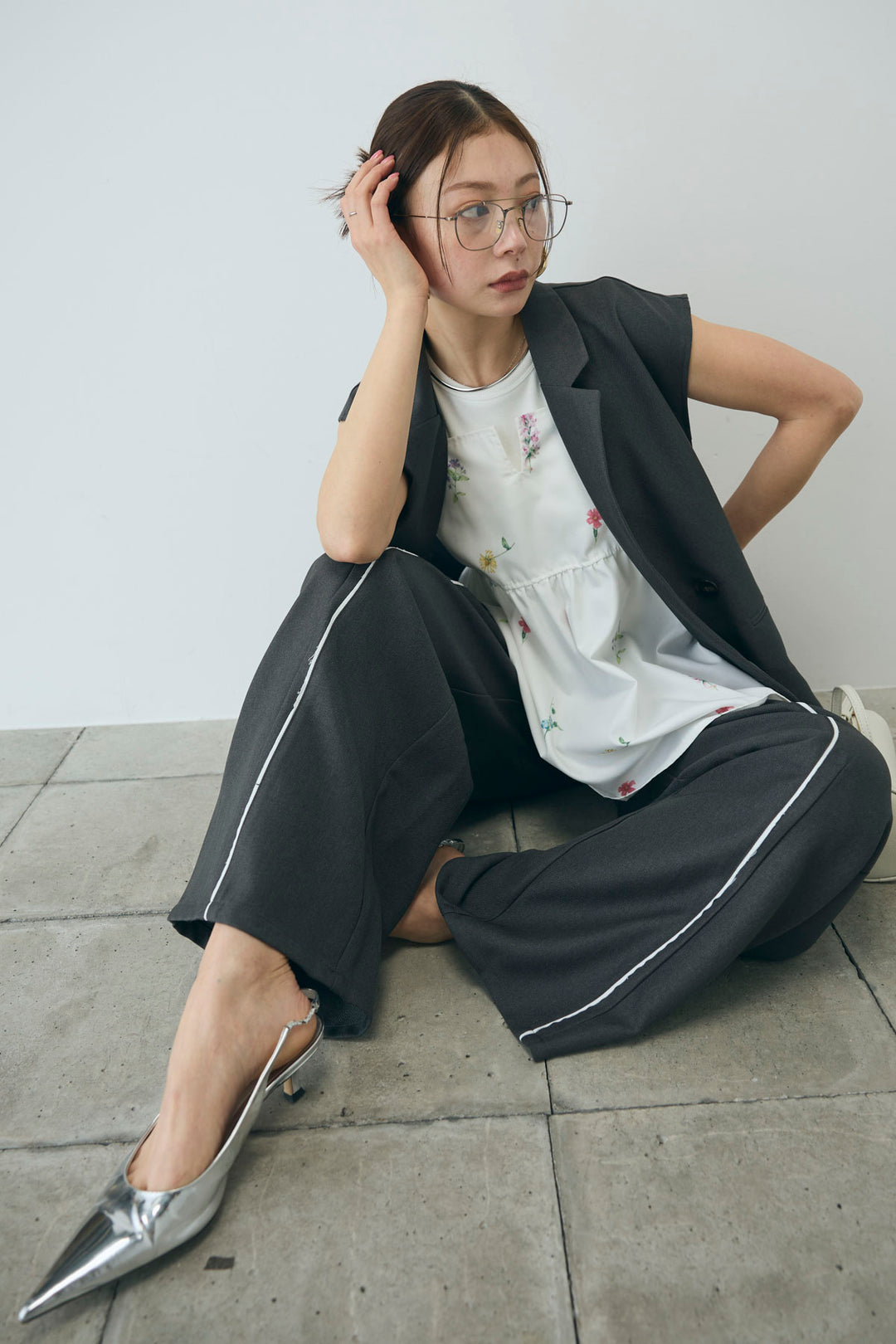 [予約/SET]ヘザーエステルテーラードジレ+ヘザーエステルカーブパンツ(2set)