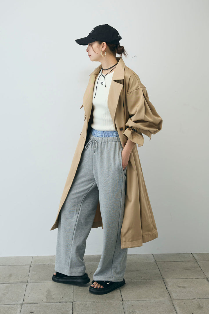 [予約/SET]ボリュームスリーブトレンチコート+フロントロゴ入りリブタンクトップ+ダブルウエストスウェットパンツ(3set)