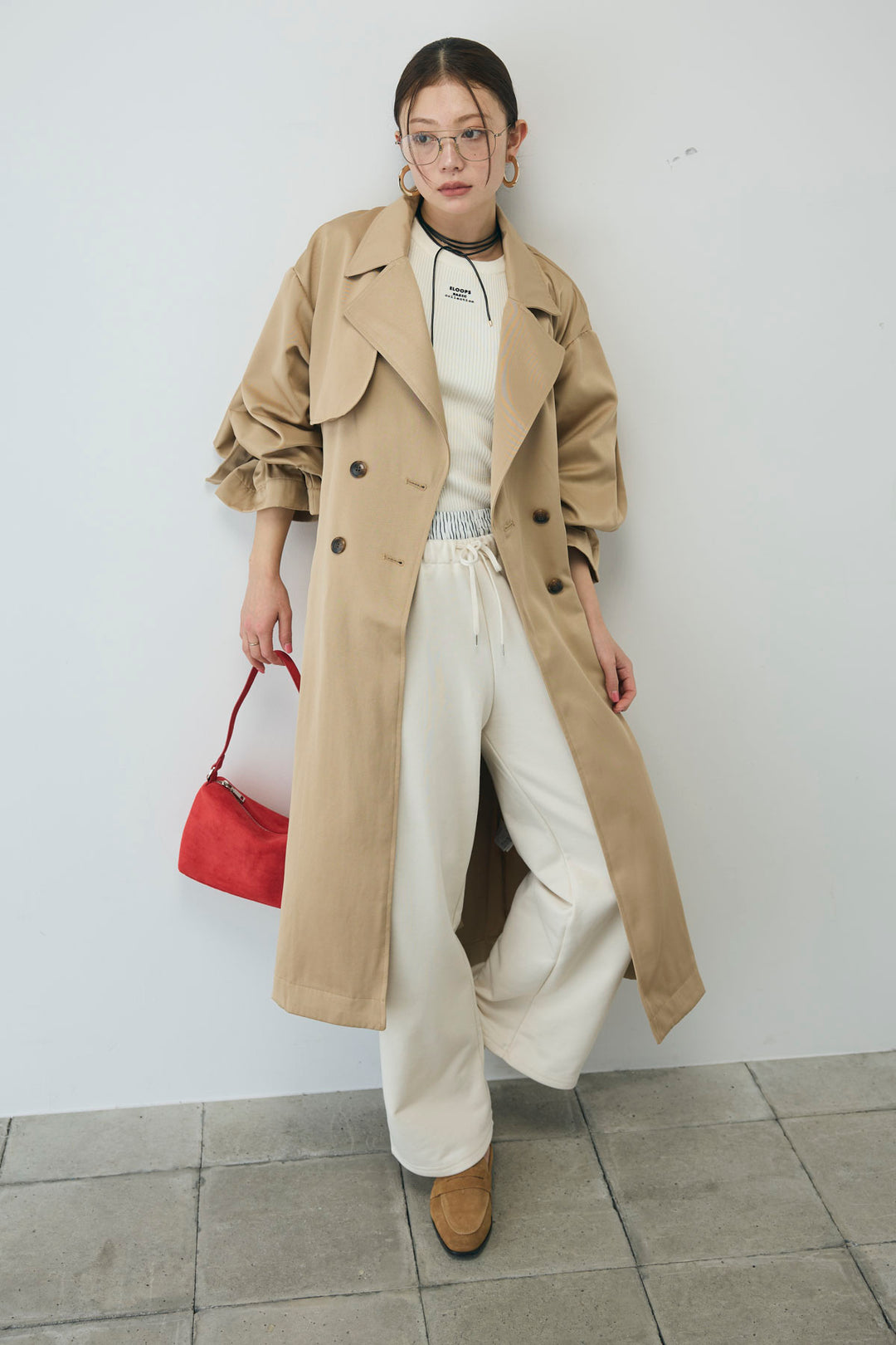 [予約/SET]ボリュームスリーブトレンチコート+フロントロゴ入りリブタンクトップ+ダブルウエストスウェットパンツ(3set)