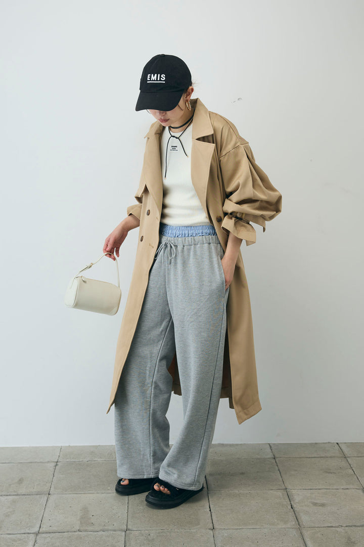 [予約/SET]ボリュームスリーブトレンチコート+フロントロゴ入りリブタンクトップ+ダブルウエストスウェットパンツ(3set)