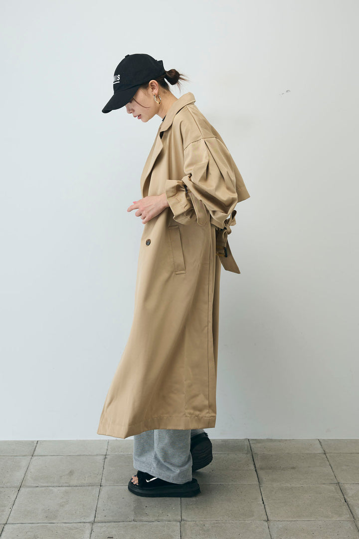 [予約/SET]ボリュームスリーブトレンチコート+フロントロゴ入りリブタンクトップ+ダブルウエストスウェットパンツ(3set)