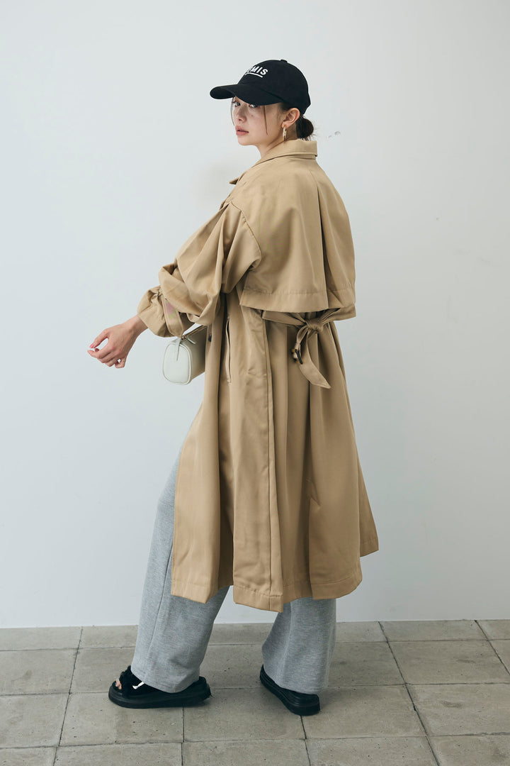 [予約/SET]ボリュームスリーブトレンチコート+フロントロゴ入りリブタンクトップ+ダブルウエストスウェットパンツ(3set)