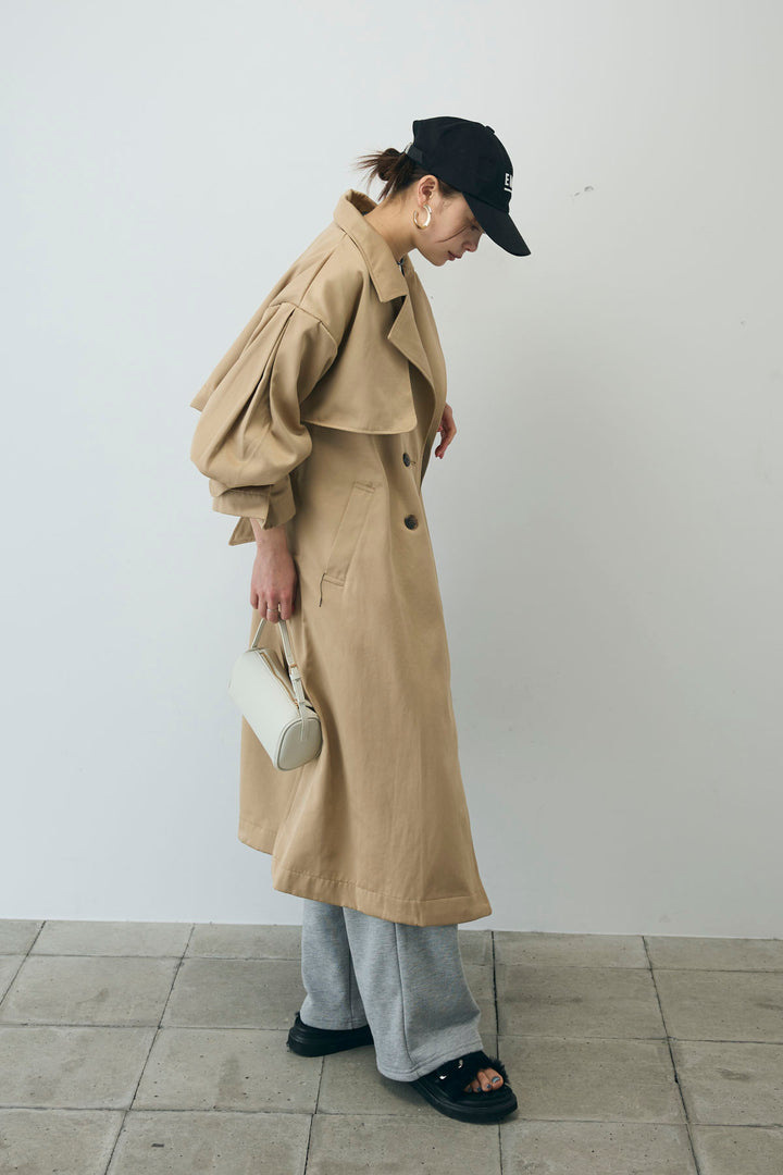 [予約/SET]ボリュームスリーブトレンチコート+フロントロゴ入りリブタンクトップ+ダブルウエストスウェットパンツ(3set)