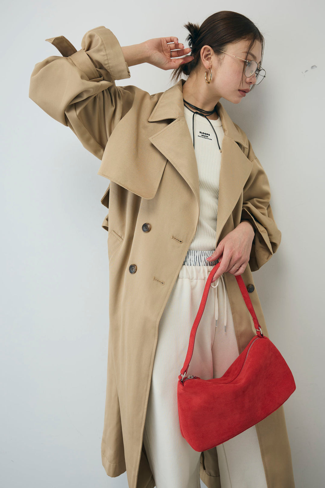 [予約/SET]ボリュームスリーブトレンチコート+フロントロゴ入りリブタンクトップ+ダブルウエストスウェットパンツ(3set)