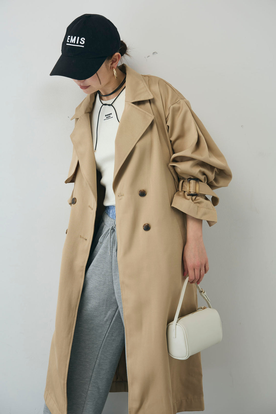 [予約/SET]ボリュームスリーブトレンチコート+フロントロゴ入りリブタンクトップ+ダブルウエストスウェットパンツ(3set)