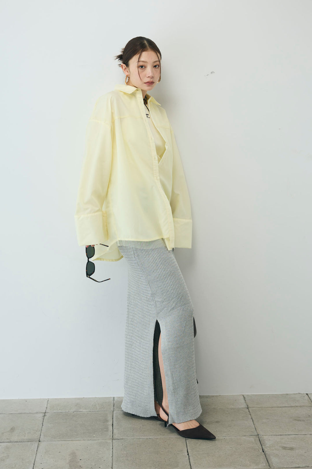 [予約/SET]チュール被せオーバーサイズシャツ+スプリングニットスカート(2set)