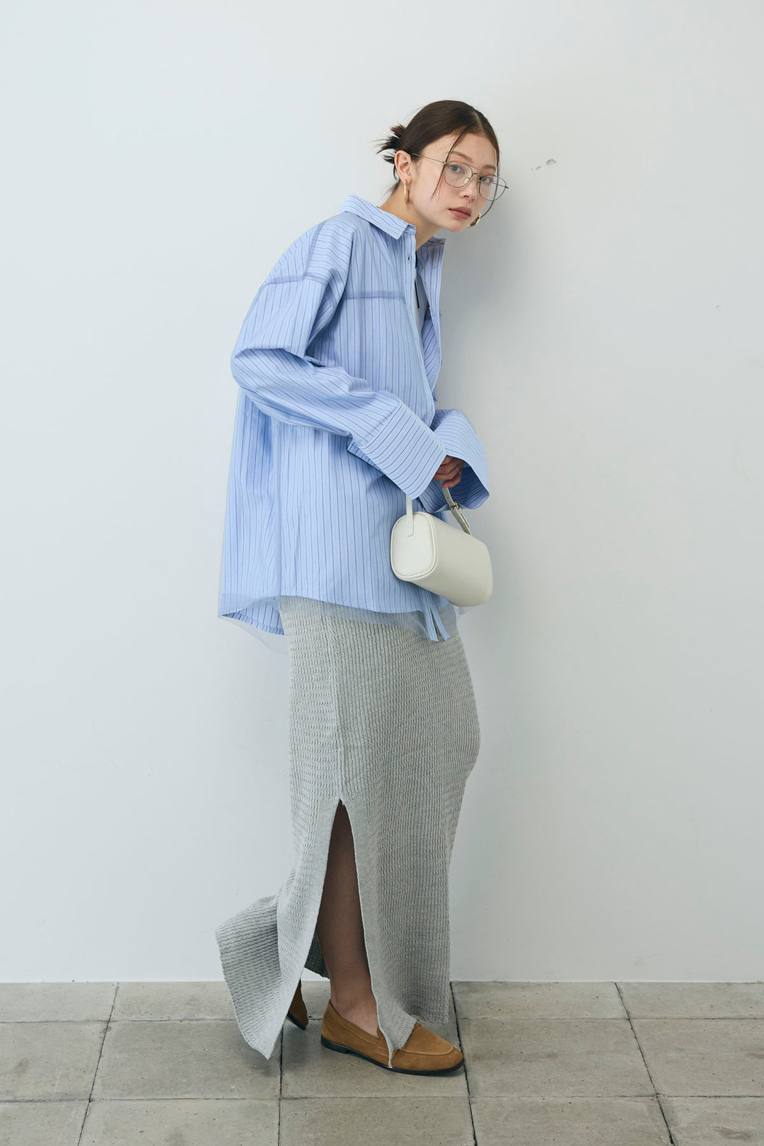 [予約/SET]チュール被せオーバーサイズシャツ+フロントロゴ入りリブタンクトップ+スプリングニットスカート(3set)