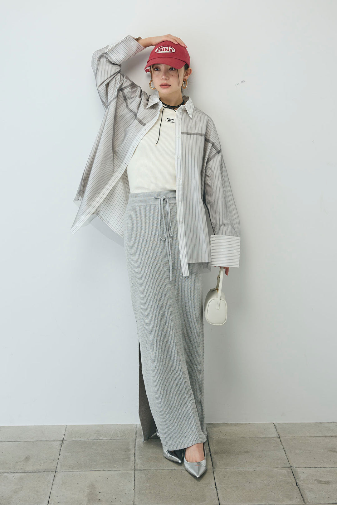 [予約/SET]チュール被せオーバーサイズシャツ+スプリングニットスカート(2set)