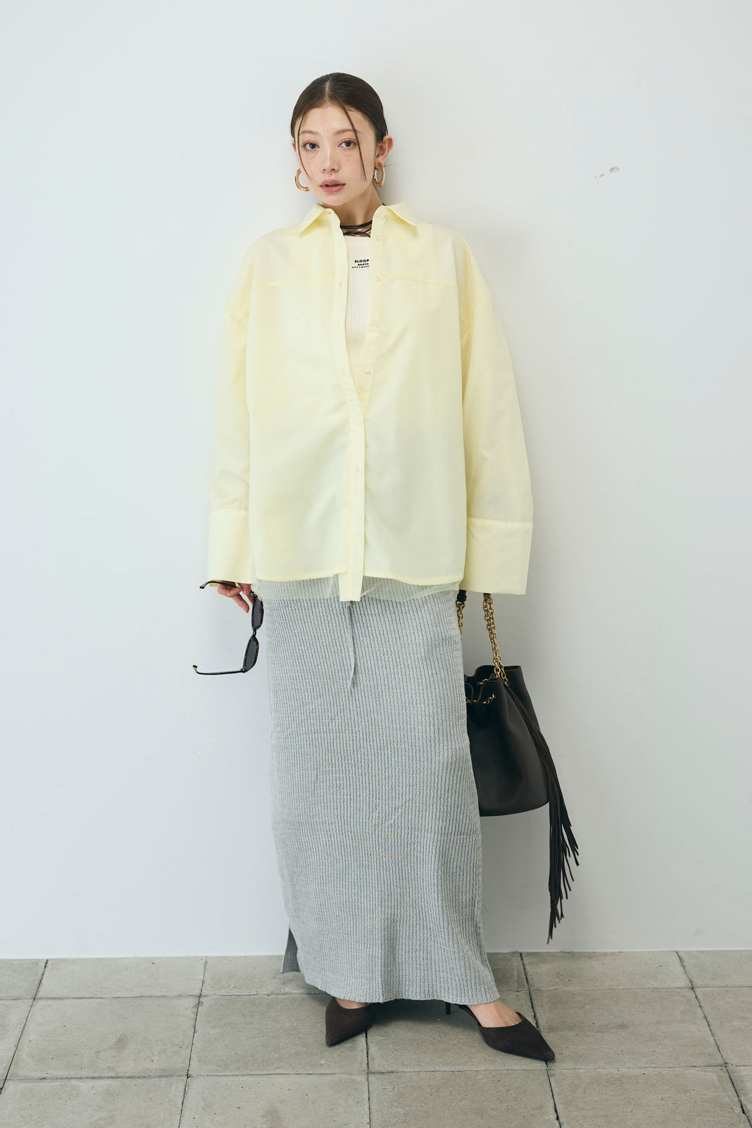 [予約/SET]チュール被せオーバーサイズシャツ+スプリングニットスカート(2set)