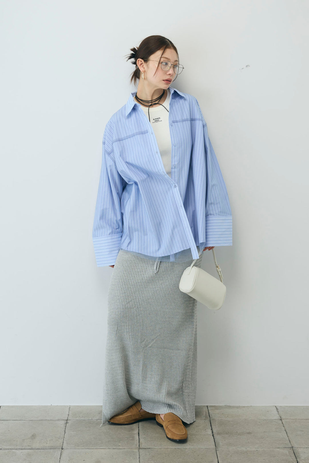 [予約/SET]チュール被せオーバーサイズシャツ+フロントロゴ入りリブタンクトップ+スプリングニットスカート(3set)