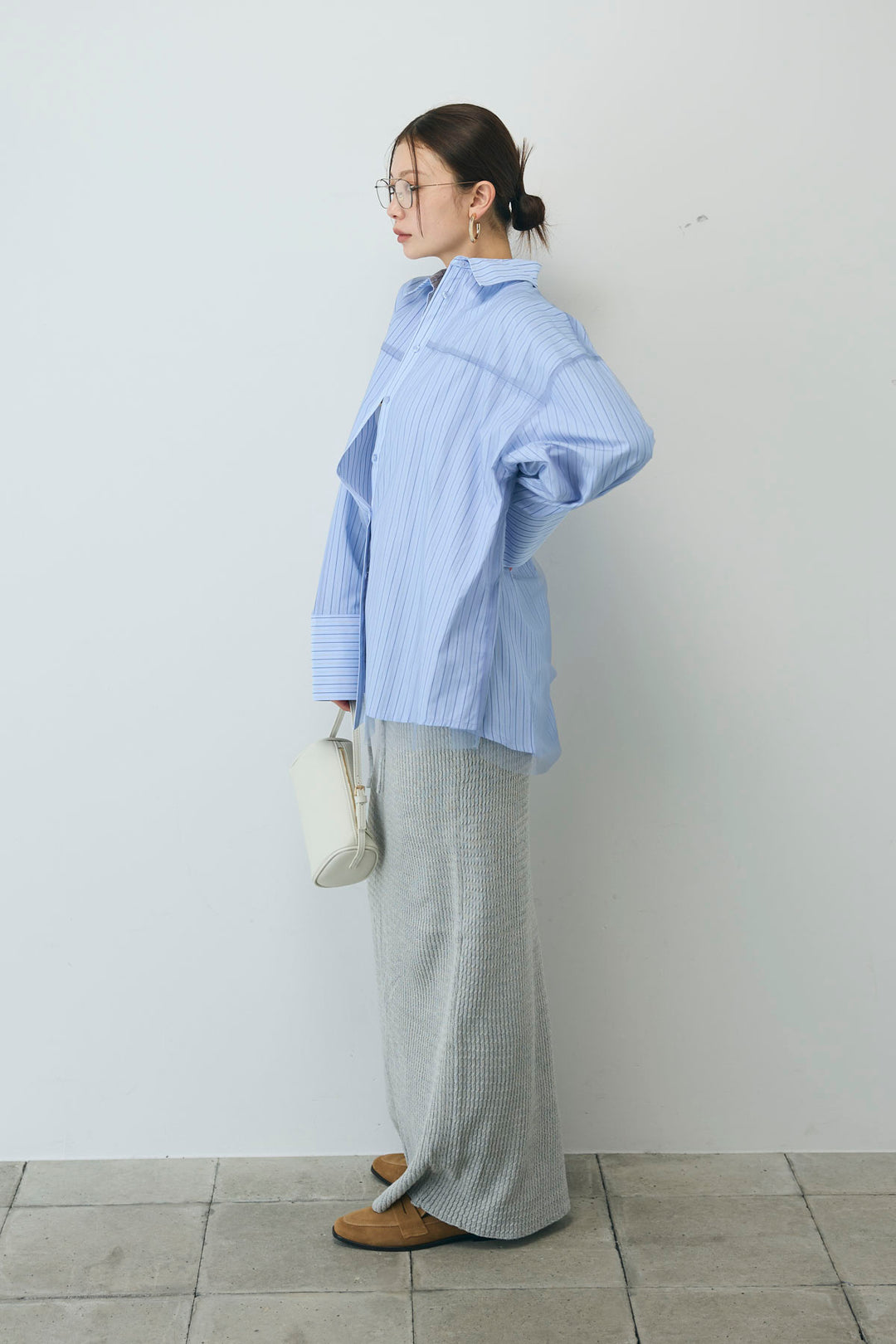 [予約/SET]チュール被せオーバーサイズシャツ+フロントロゴ入りリブタンクトップ+スプリングニットスカート(3set)