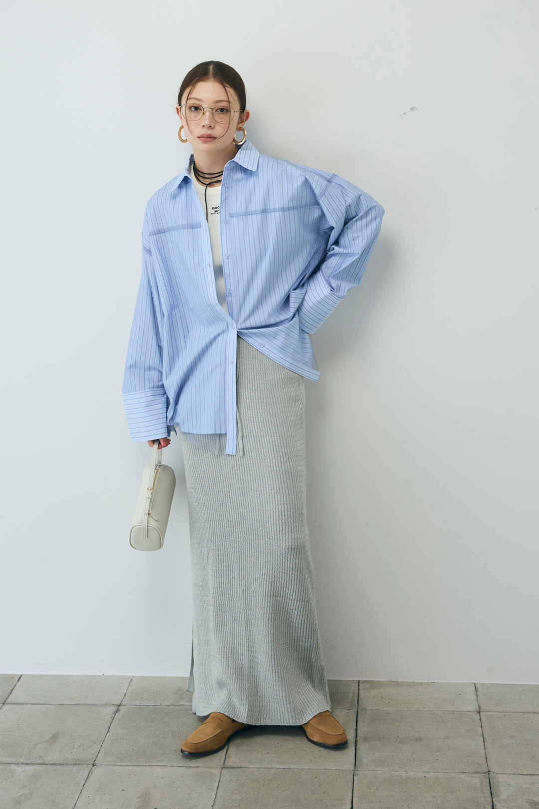 [予約/SET]チュール被せオーバーサイズシャツ+スプリングニットスカート(2set)