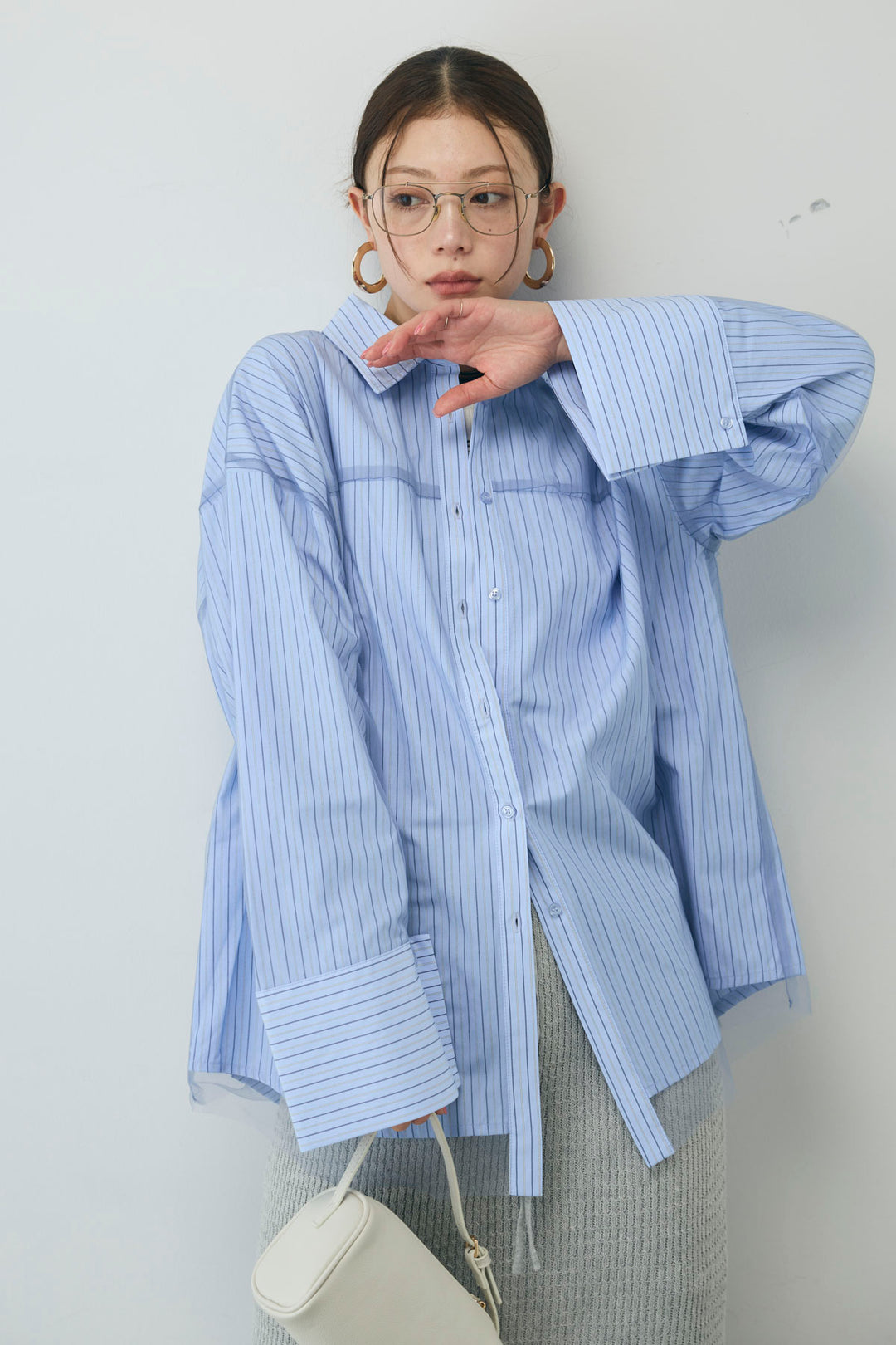 [予約/SET]チュール被せオーバーサイズシャツ+スプリングニットスカート(2set)