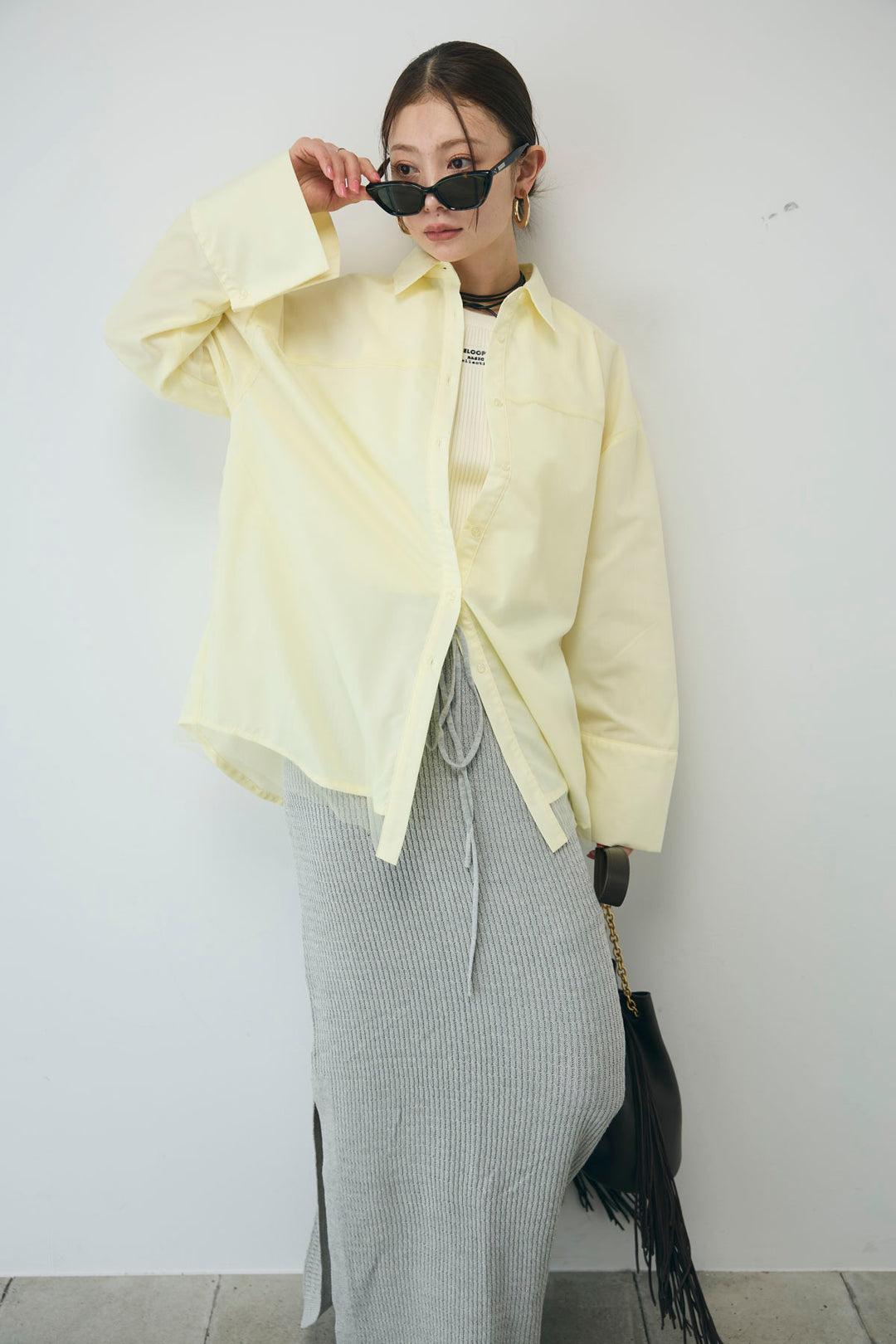 [予約/SET]チュール被せオーバーサイズシャツ+スプリングニットスカート(2set)