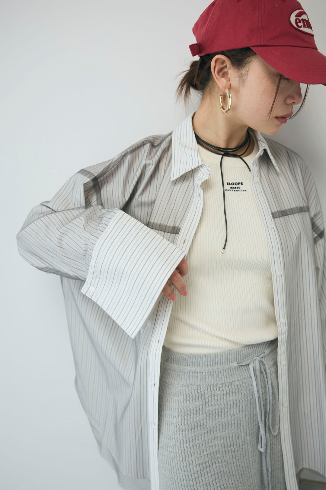 [予約/SET]チュール被せオーバーサイズシャツ+フロントロゴ入りリブタンクトップ+スプリングニットスカート(3set)