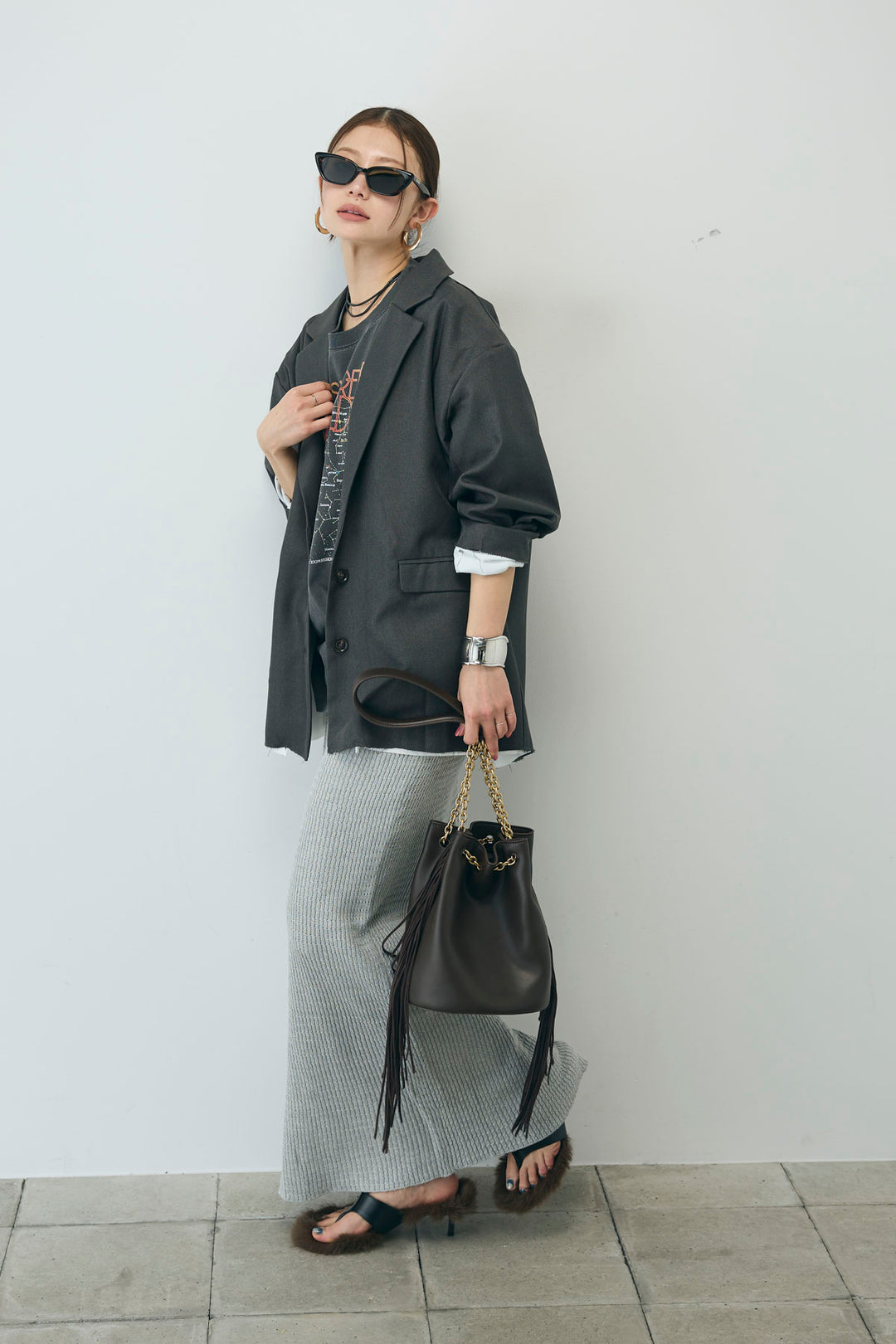 [予約/SET]ヘザーエステルテーラードジャケット+スプリングニットスカート(2set)