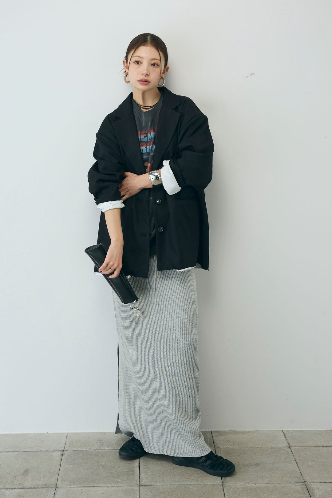 [予約/SET]ヘザーエステルテーラードジャケット+vintage-Tシャツ+スプリングニットスカート(3set)