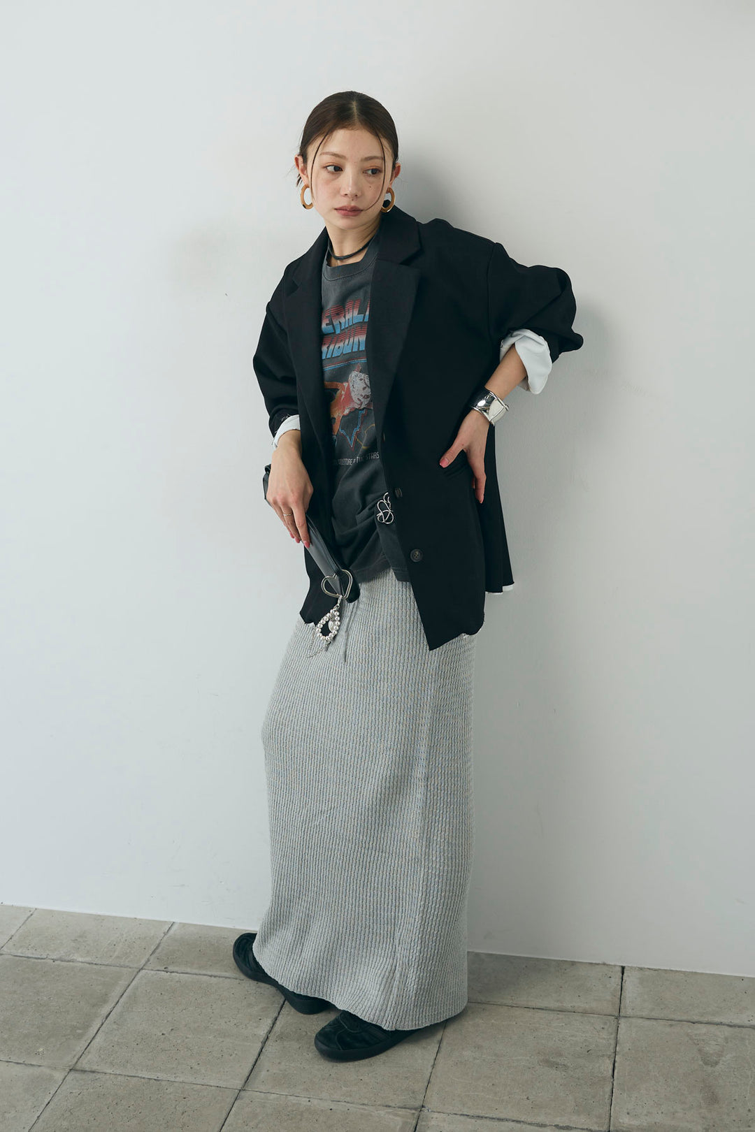 [予約/SET]ヘザーエステルテーラードジャケット+vintage-Tシャツ+スプリングニットスカート(3set)